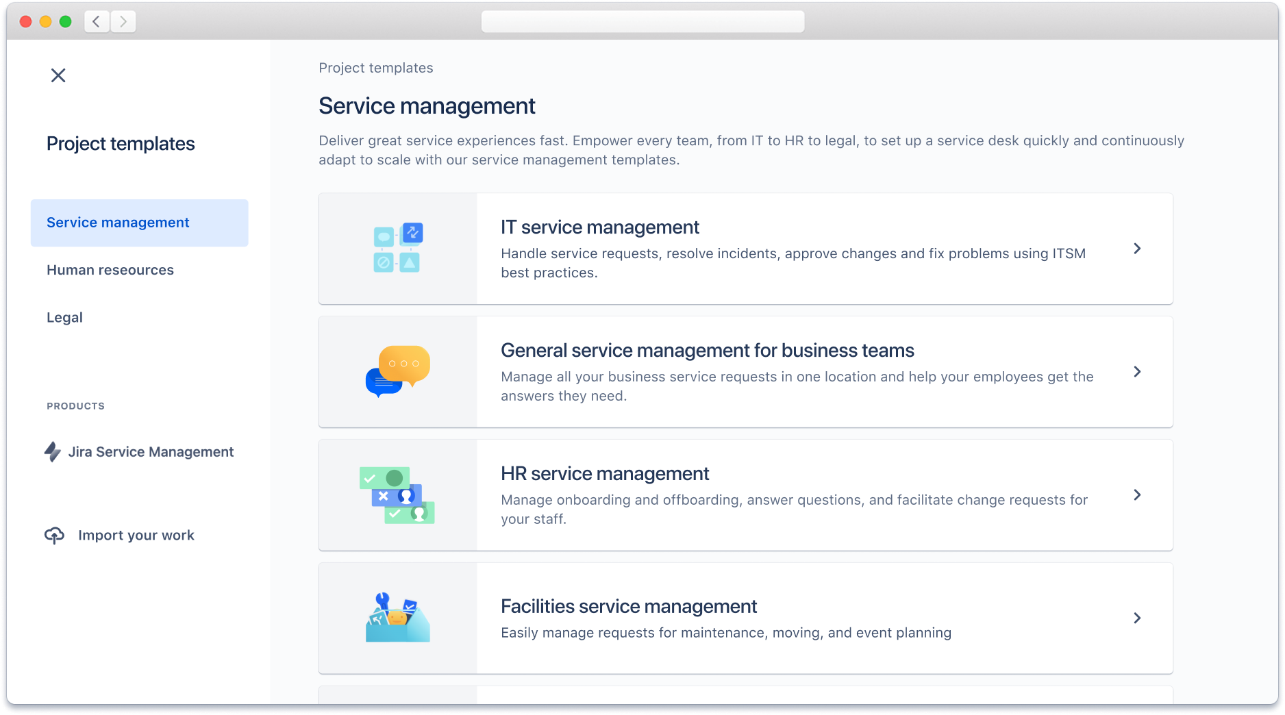 Шаблоны проектов по управлению службами, доступные в Jira Service Management