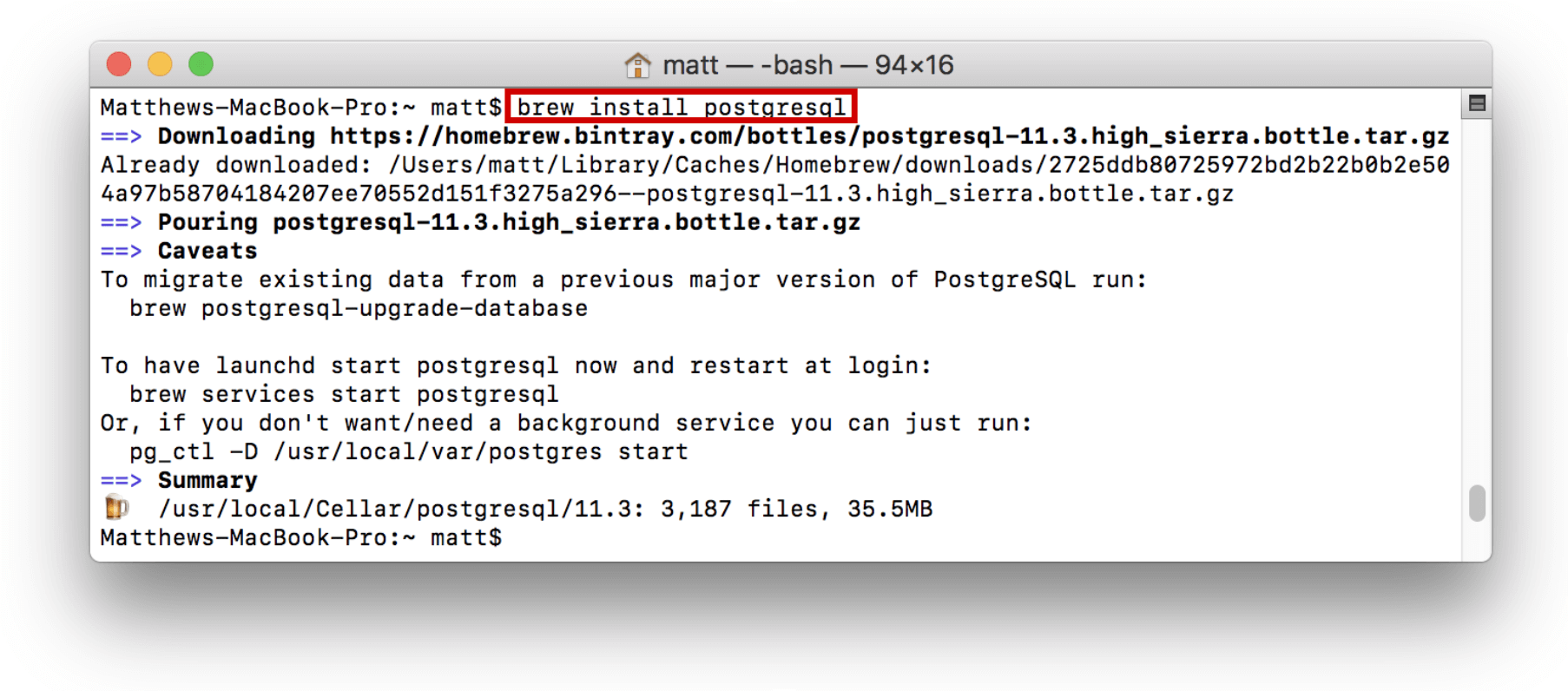 Picture showing the command "brew install postgres" running.