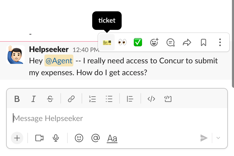 Reazione con un'emoji di Slack a un messaggio diretto per creare un ticket