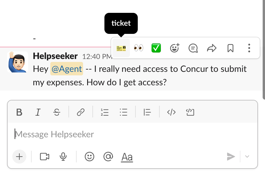 Reagieren auf eine Direktnachricht mit einem Slack-Emoji zum Erstellen eines Tickets