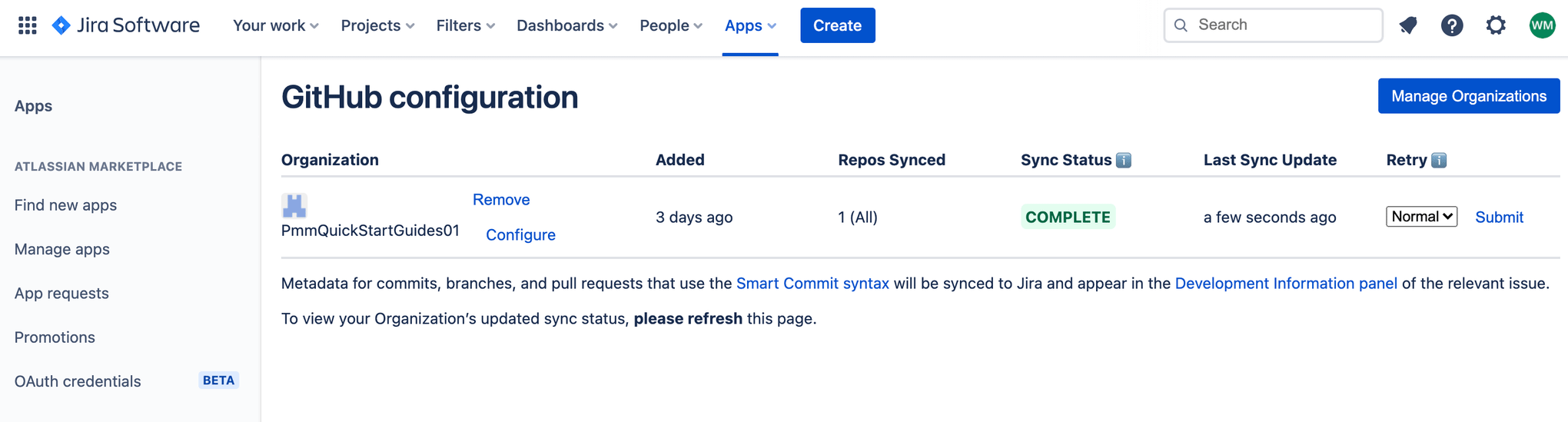 Capture d'écran du changement d'état de la synchronisation