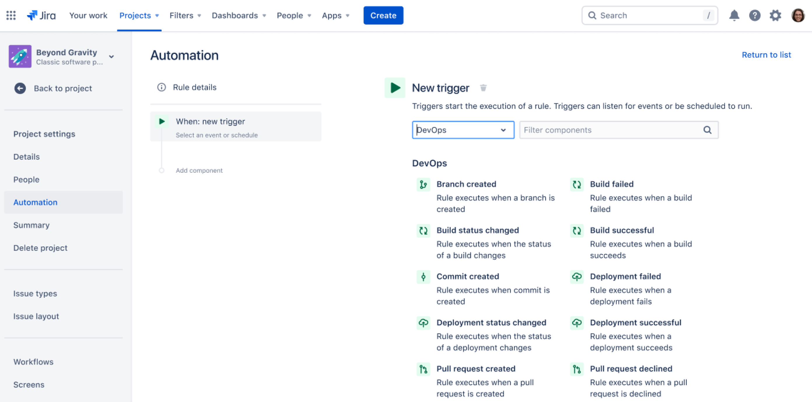 Captura de pantalla de Jira Automation