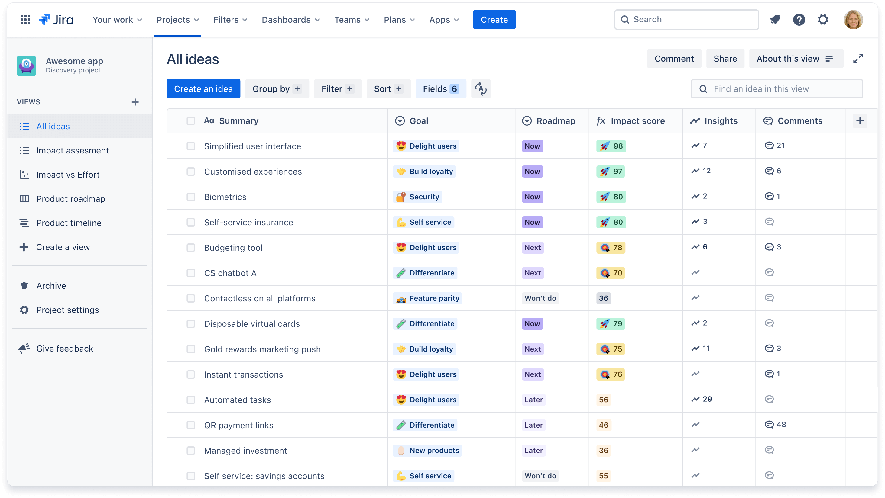 Vue Liste Jira Product Discovery