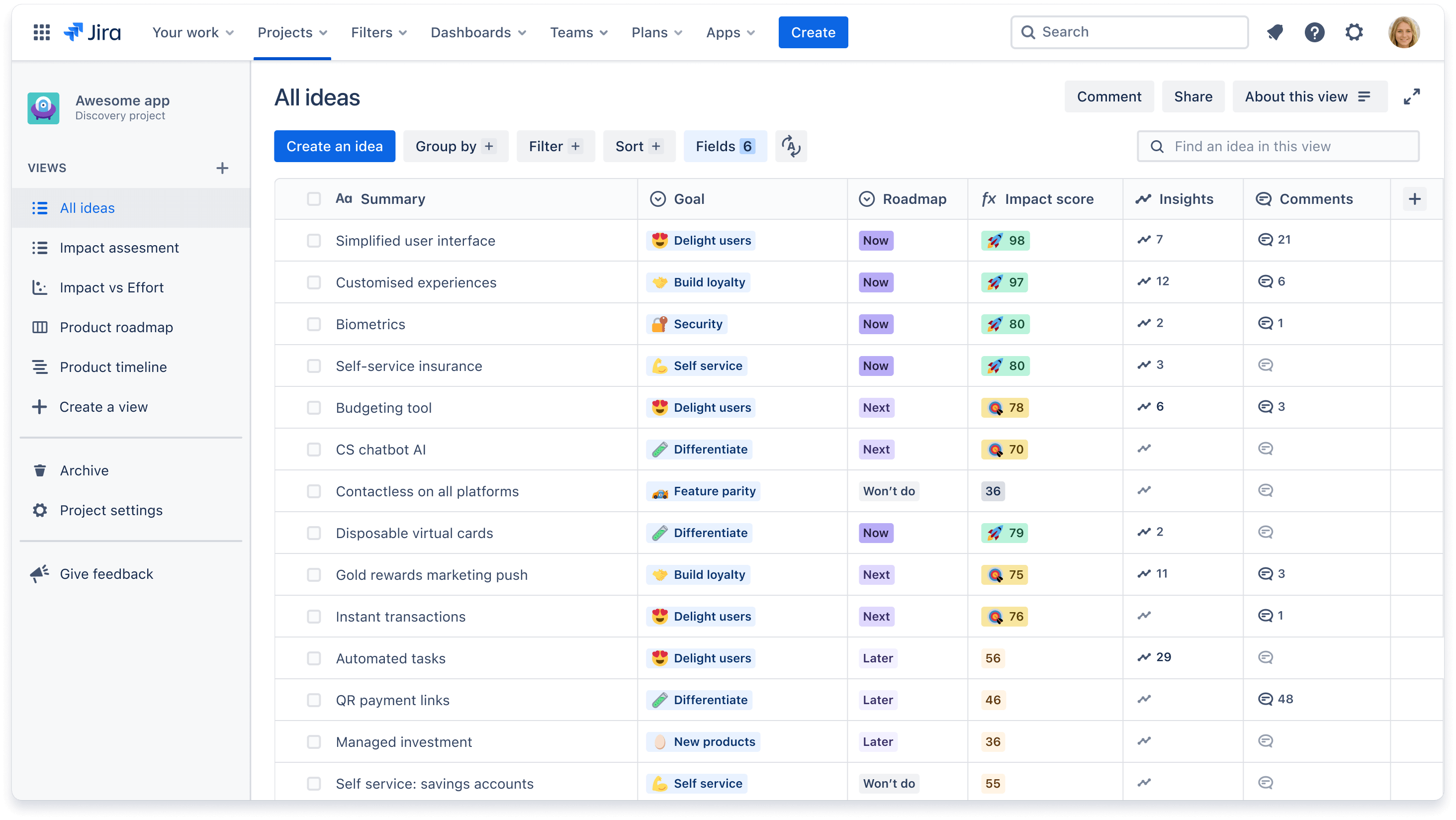 Jira Product Discovery 列表视图