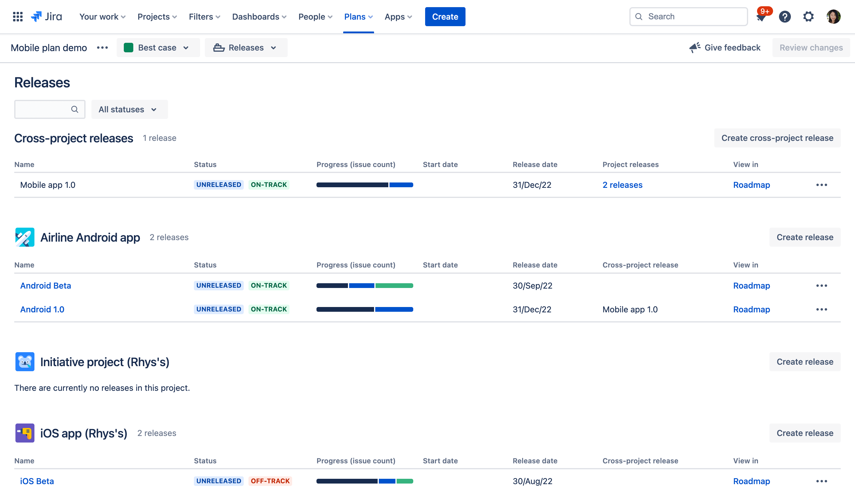 releases in advanced roadmaps