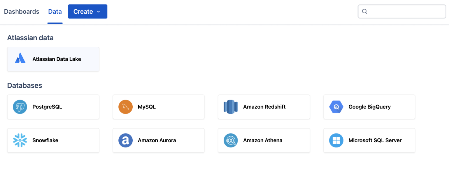 Screenshot che mostra come connettere dati Atlassian a database esterni ad Atlassian.