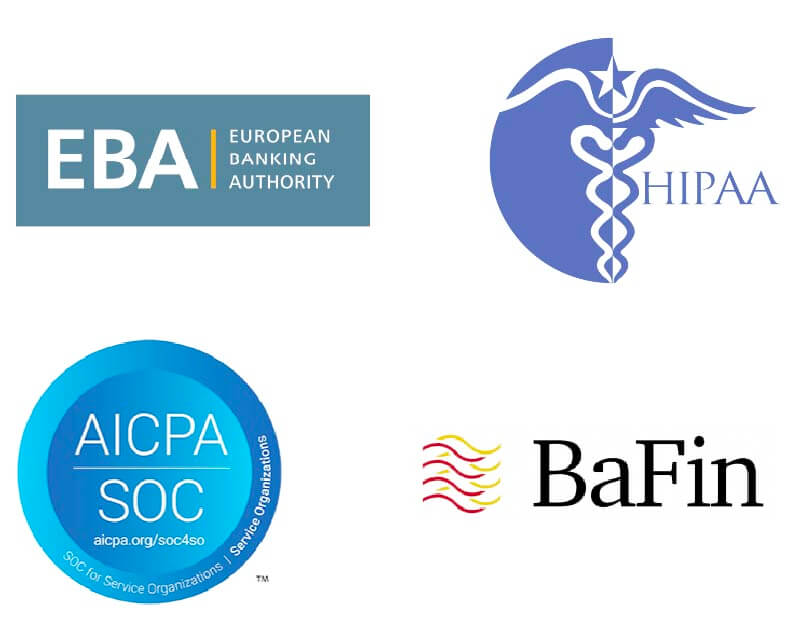 Emblemas de conformidade do EBA, HIPAA, AICPA SOC e BaFin
