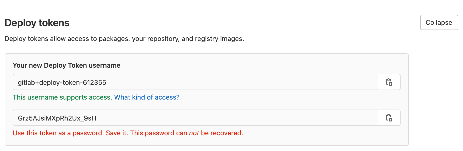Écran des jetons de déploiement dans GitLab, affichant le nom d'utilisateur et le mot de passe associés à un jeton de déploiement