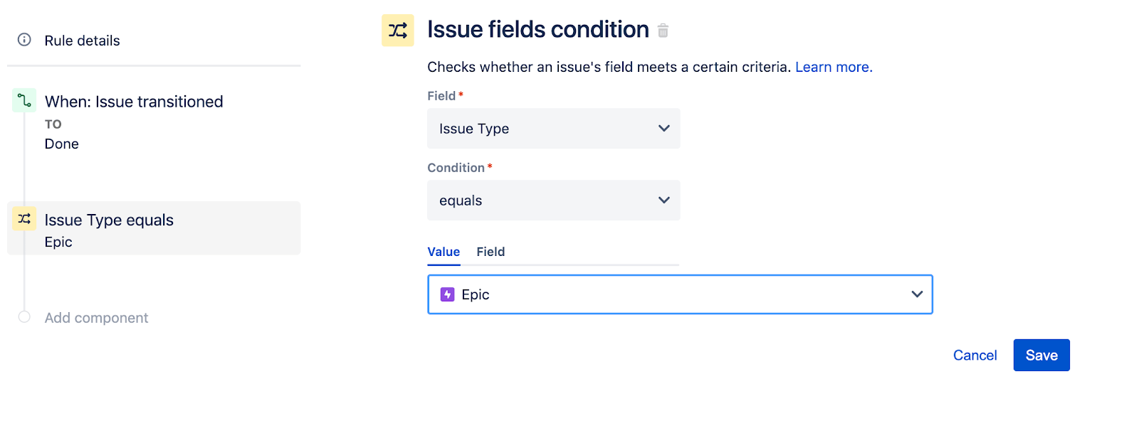 Écran de configuration de la condition Issue fields (Champs de ticket)