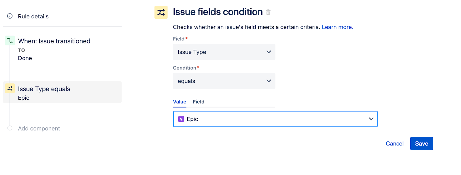 Configuratiescherm voorwaarde Issuevelden