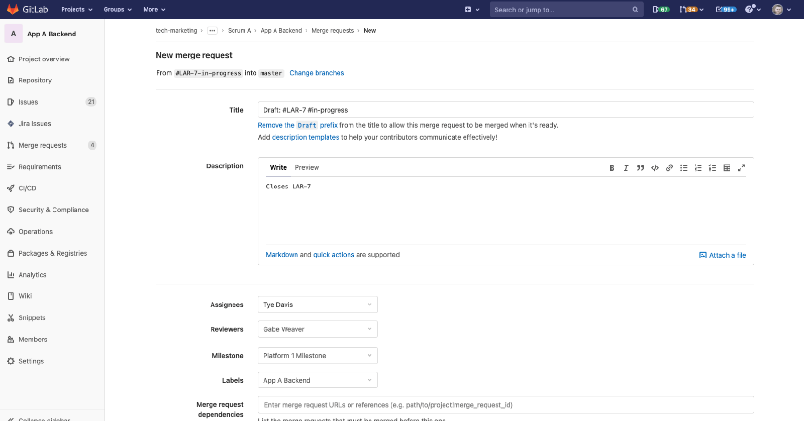 Nova solicitação de merge do GitLab