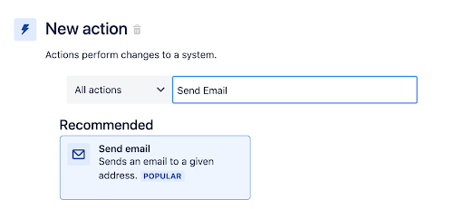 Étape 4 de la règle d'automatisation Jira pour changer l'état des tickets : ajoutez une action qui envoie un e-mail aux parties prenantes.