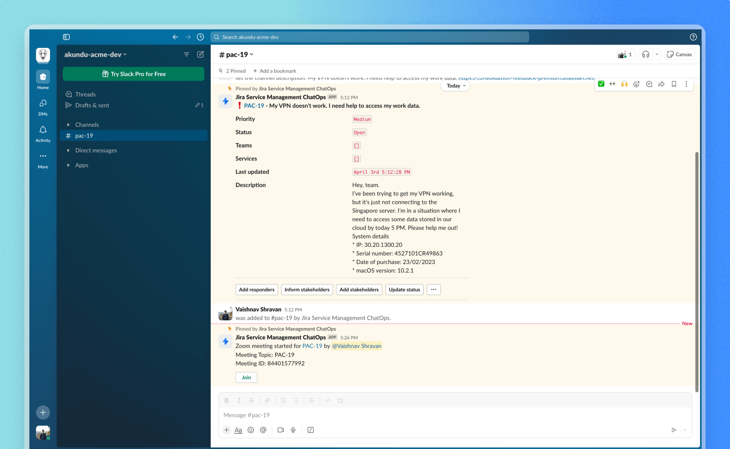 Zoom notification in Incident channel on Slack