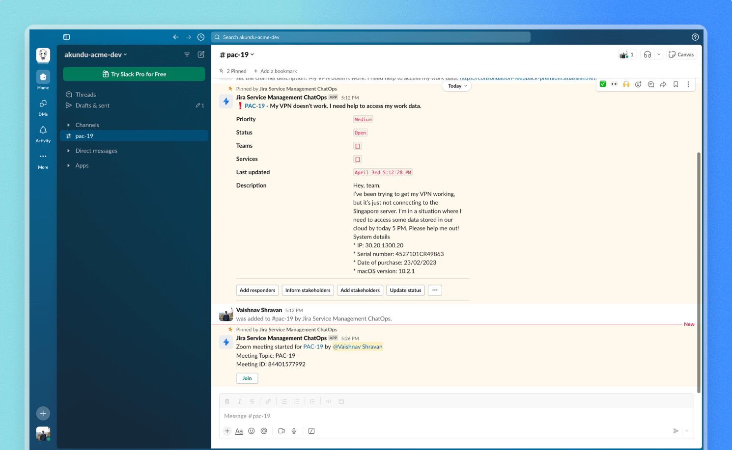 Zoom-Benachrichtigung im Slack-Channel zum Vorfall