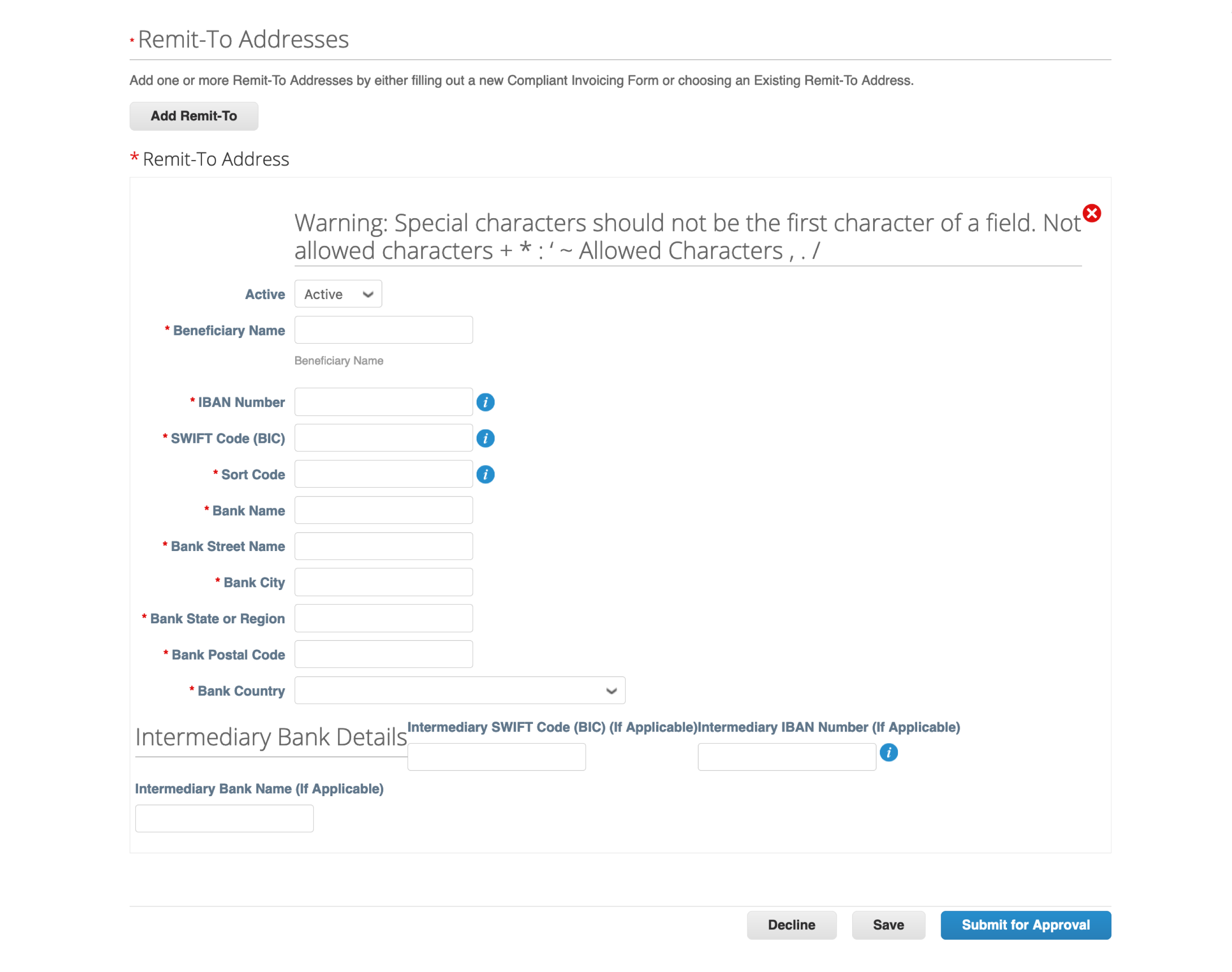 Europe Remit-To Address forms Coupa Supplier