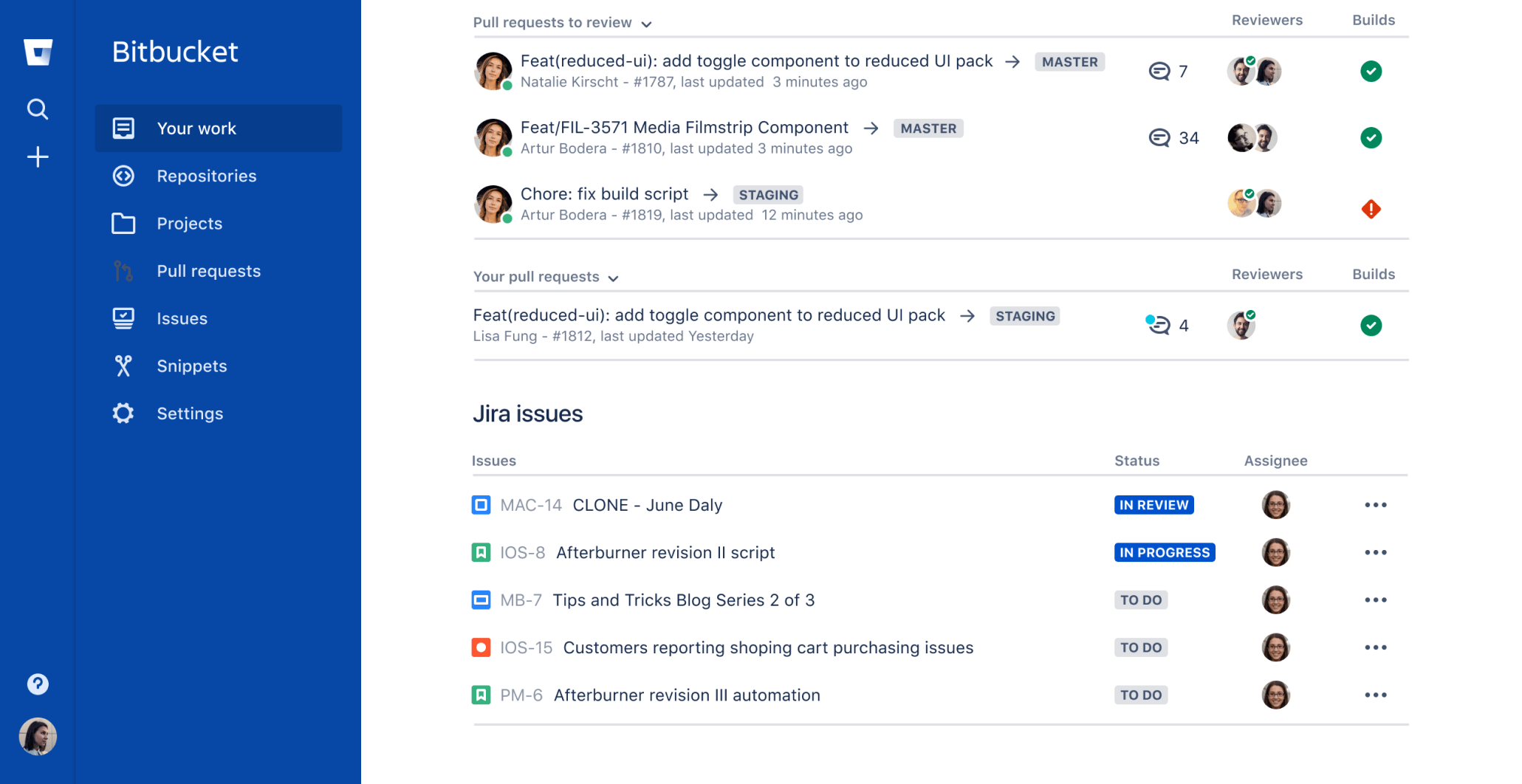 Captura de tela do painel do Bitbucket