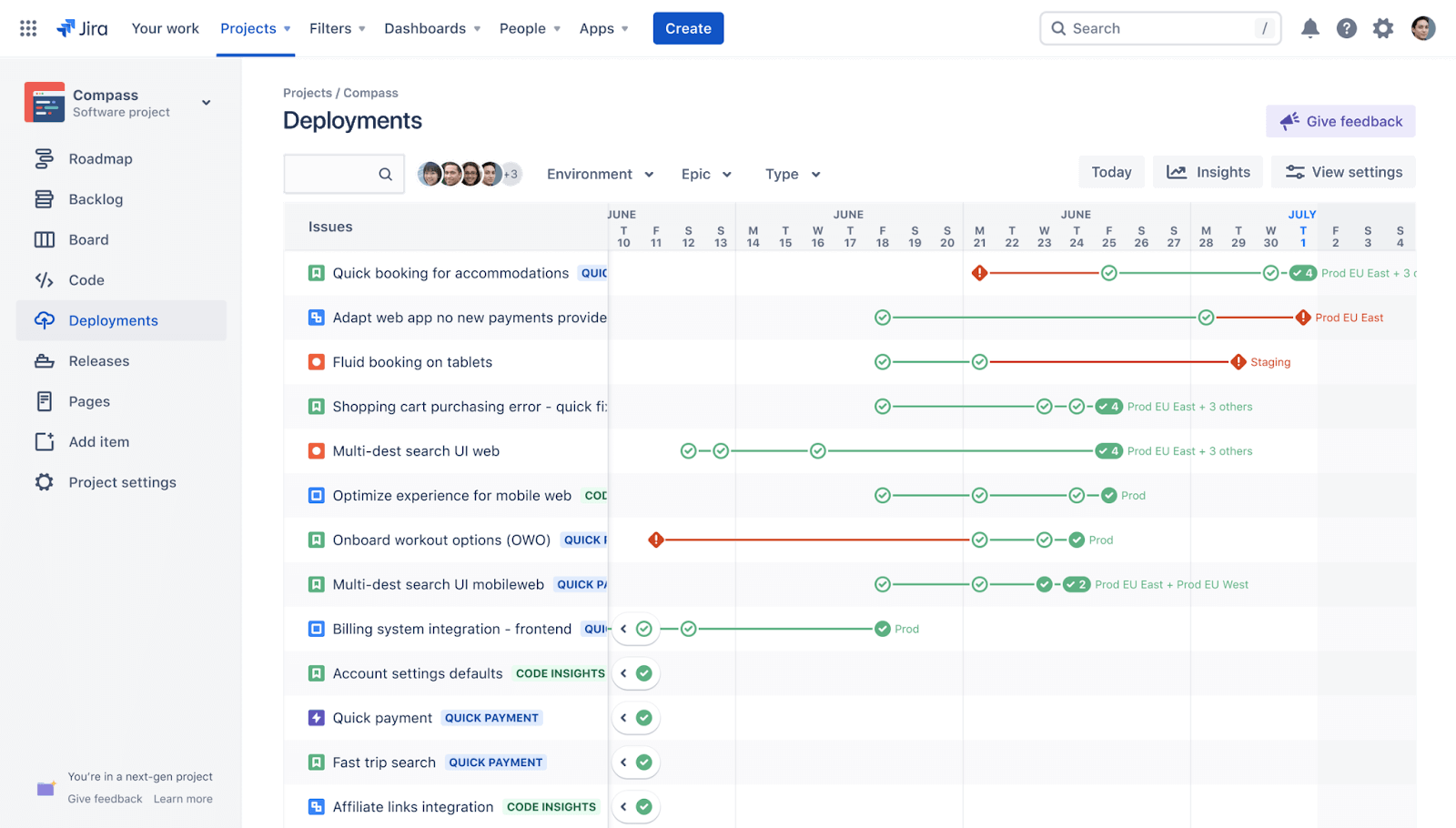 Deployment dashboard view in Jira Software