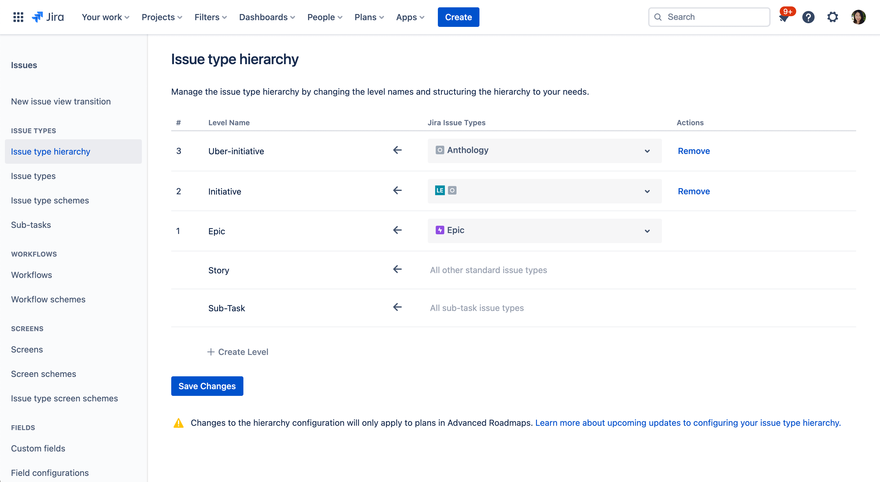 Issue type hierarchy settings page
