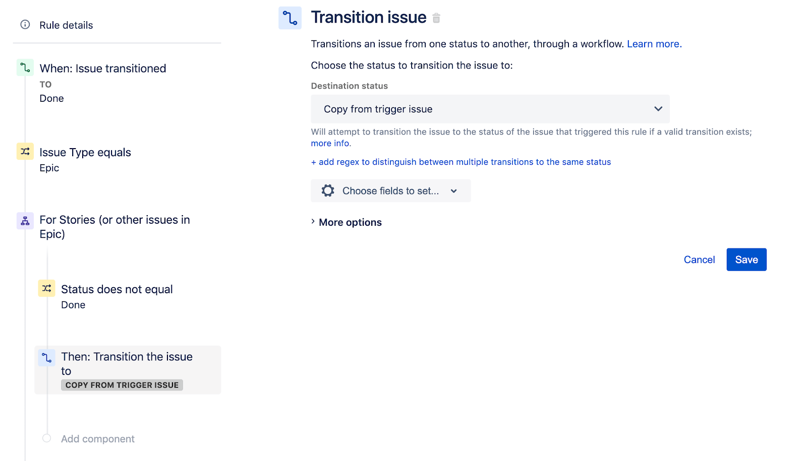 Jira Software で [Transition issue (課題をトランジション)] の移動先ステータスを選択する
