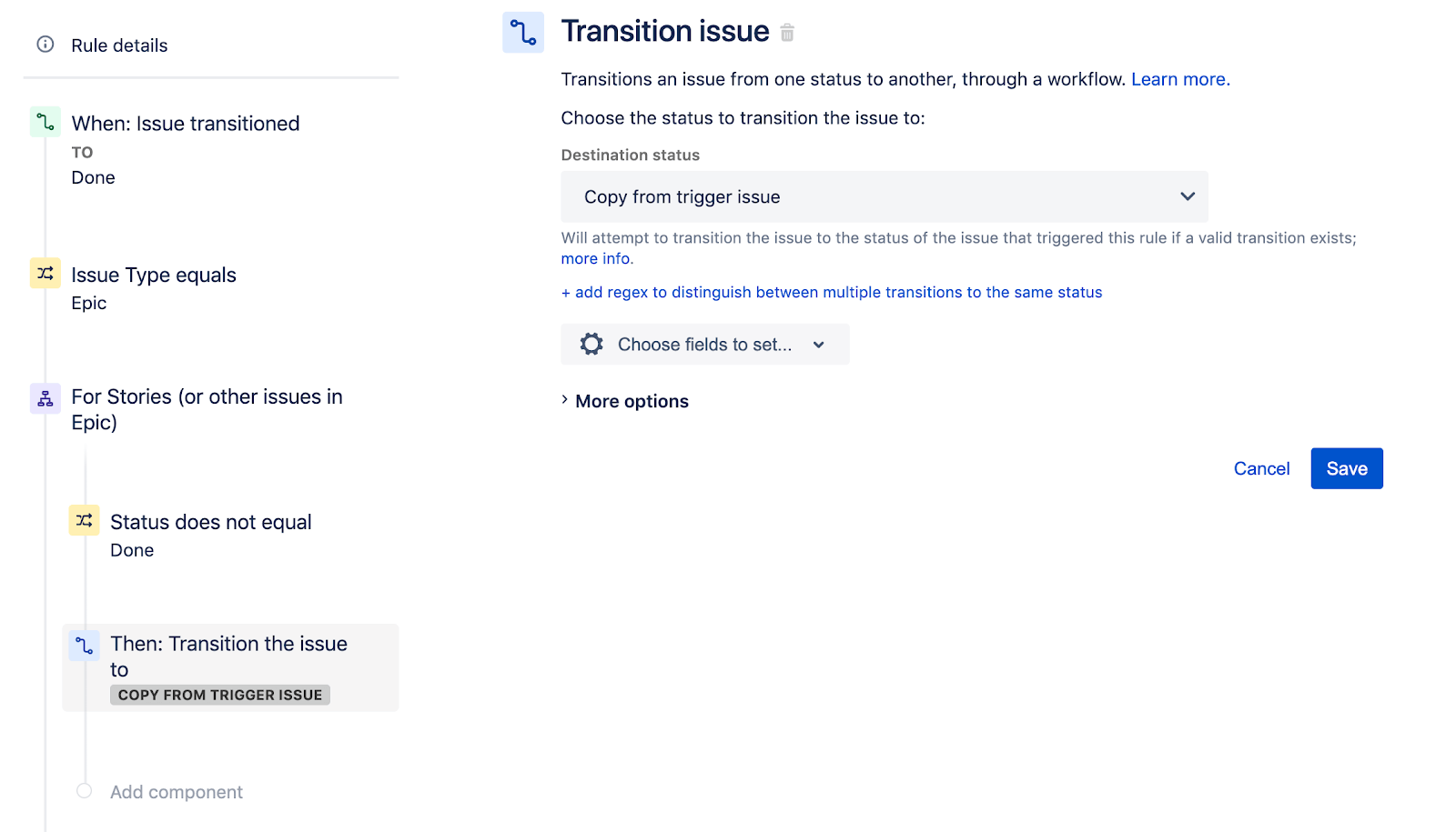 Selecionando o status de destino para o item de transição no Jira Software