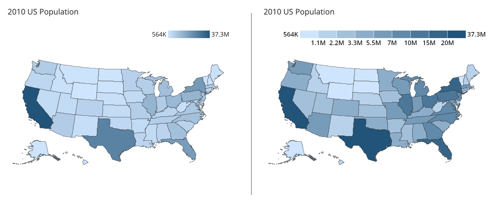 Choropleth of the population of the US in 2010, with continuous and discrete palettes.