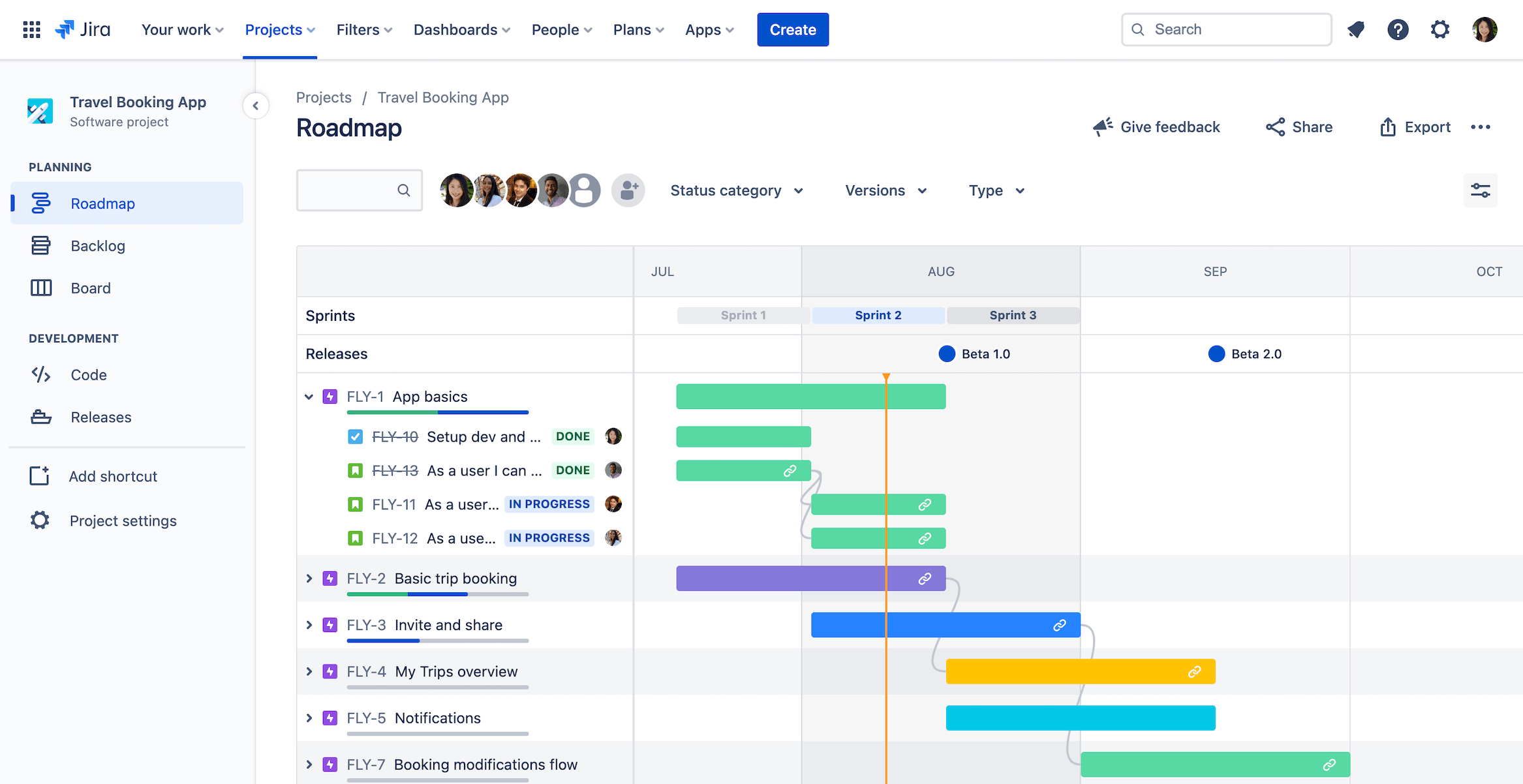 Pantalla de Jira Basic Roadmaps