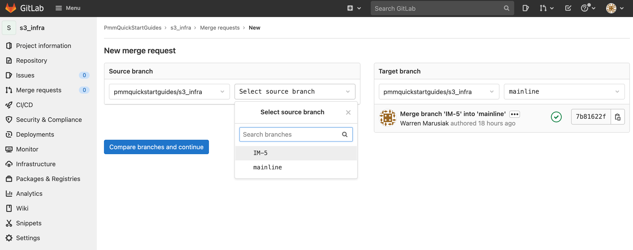 Comparaison de la branche source et de la branche cible dans GitLab