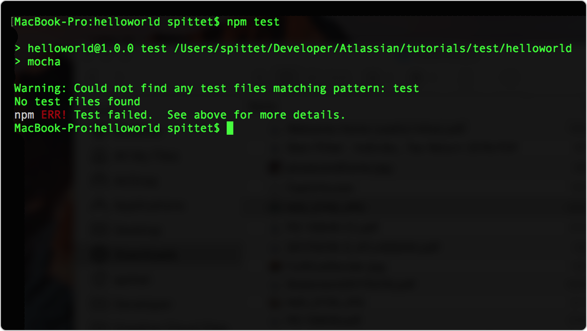 снимок экрана: терминал с выходными данными команды npm test