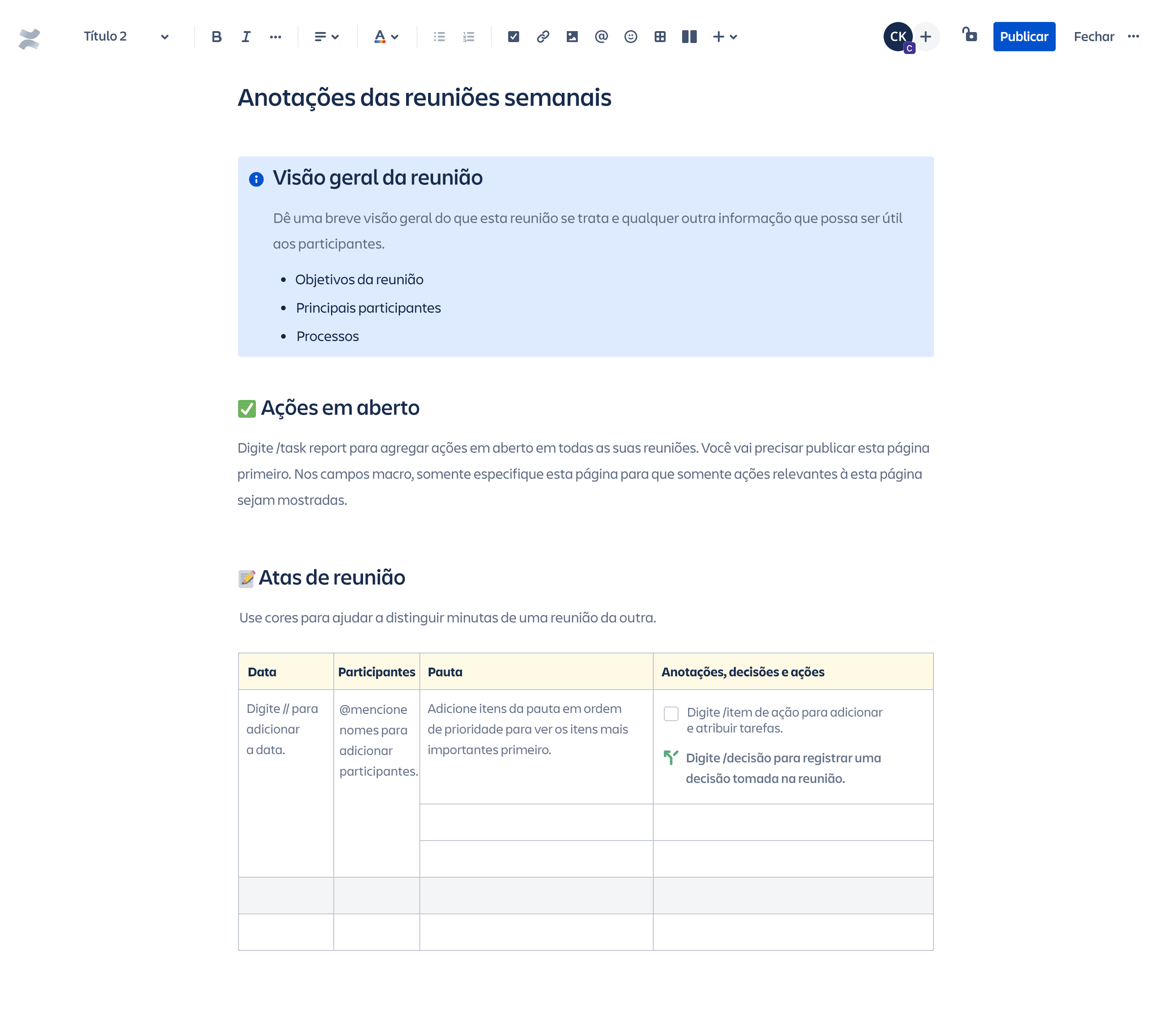 Template de anotações de reuniões semanais