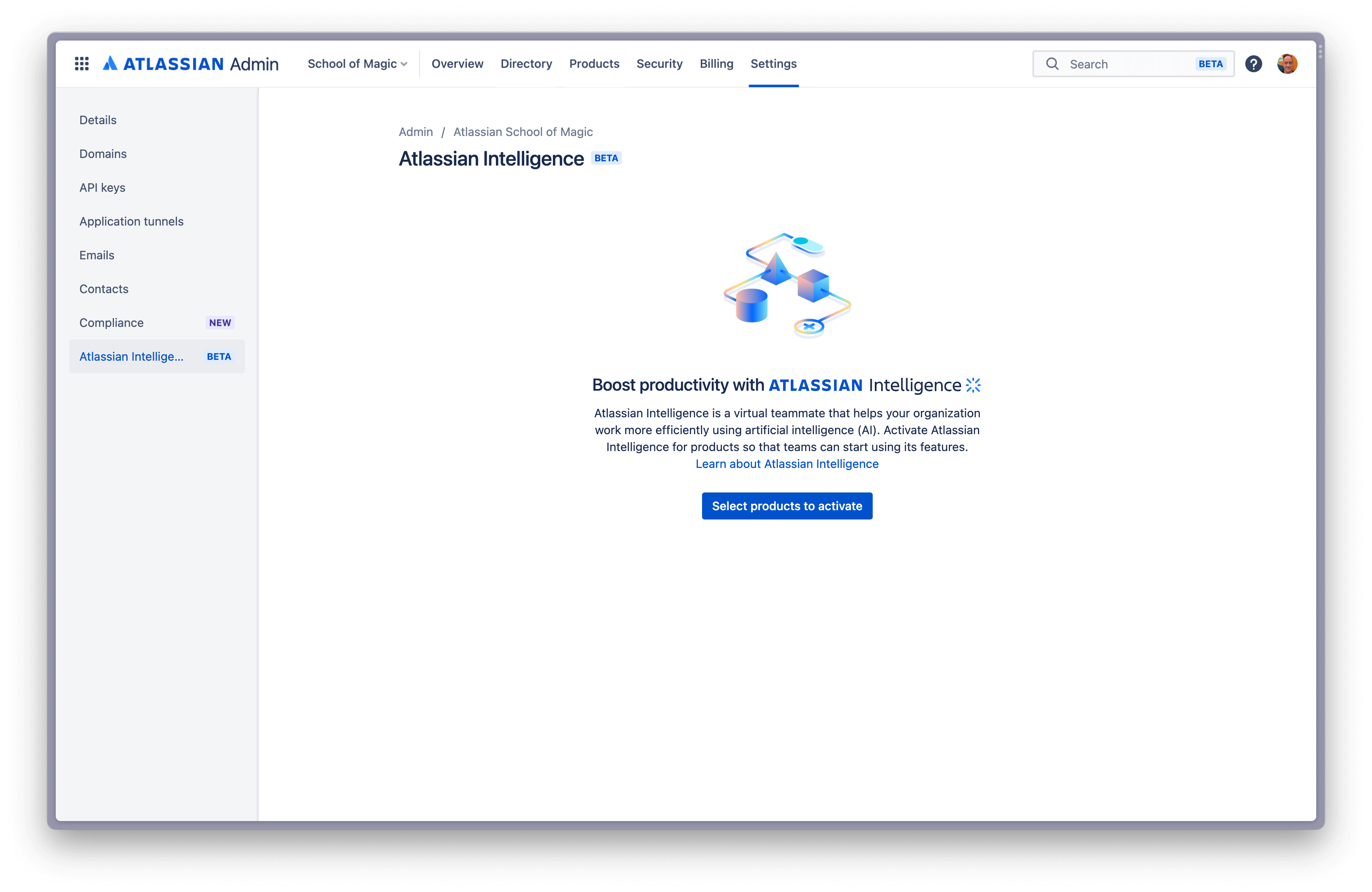 Selecting "Atlassian Intelligence" from the left navigation panel in Admin Hub