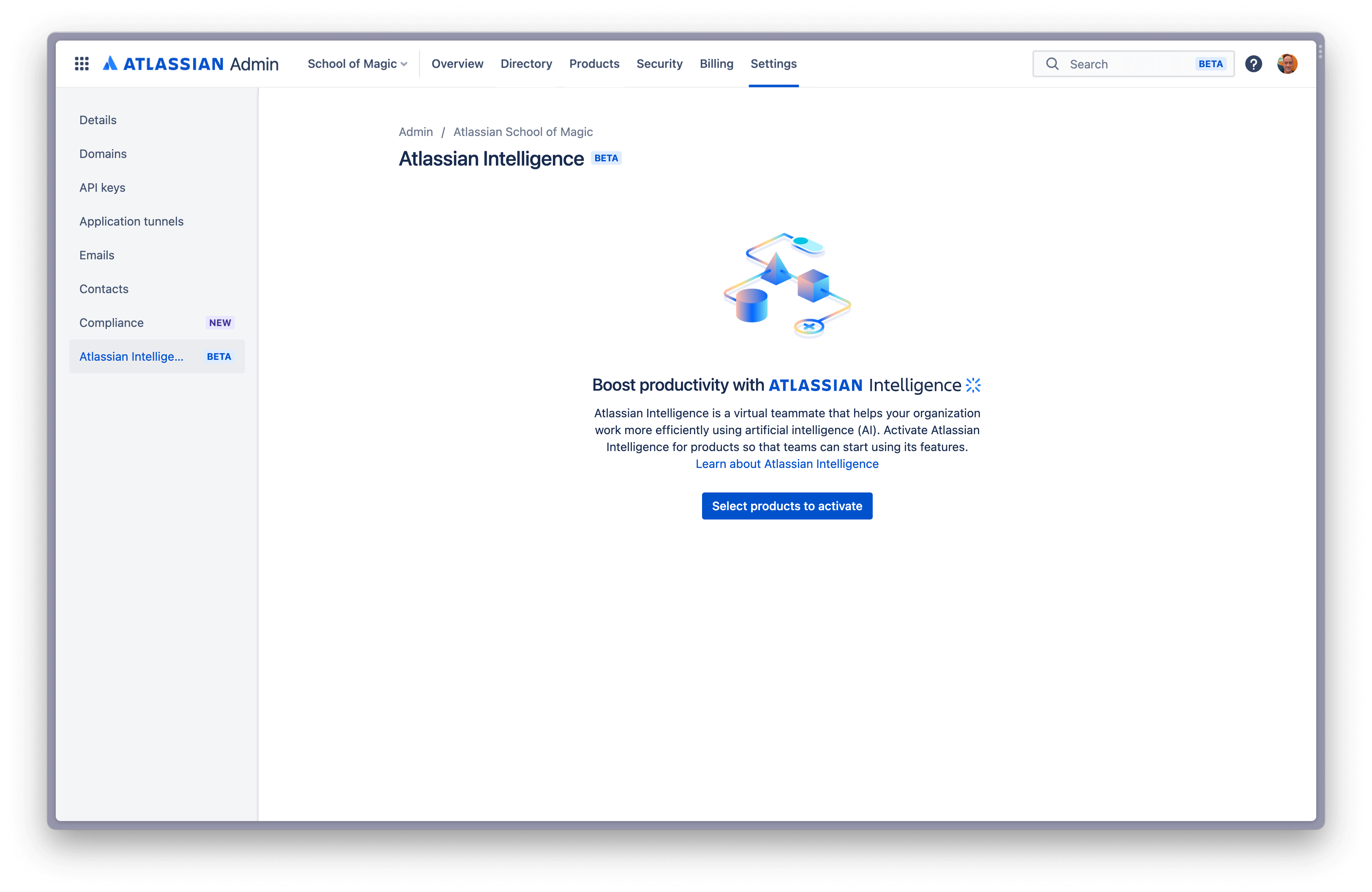 Selecteer 'Atlassian Intelligence' in het navigatievenster aan de linkerkant in de Beheerdershub