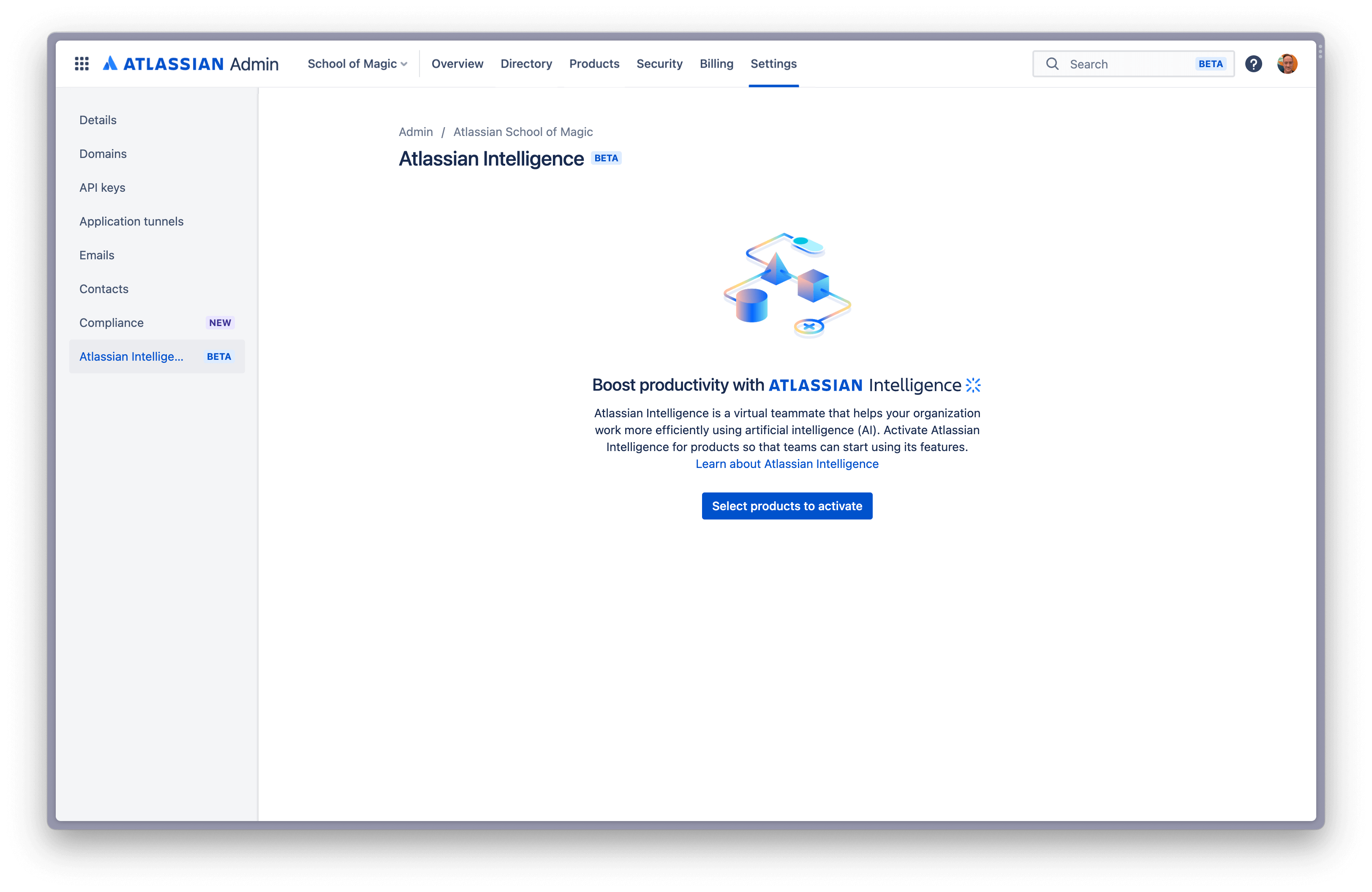 Auswählen von Atlassian Intelligence im linken Navigationsbereich des Admin-Hubs