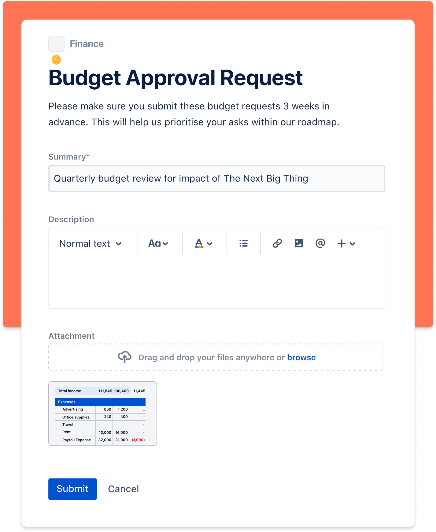 Screenshot di richiesta di approvazione del budget
