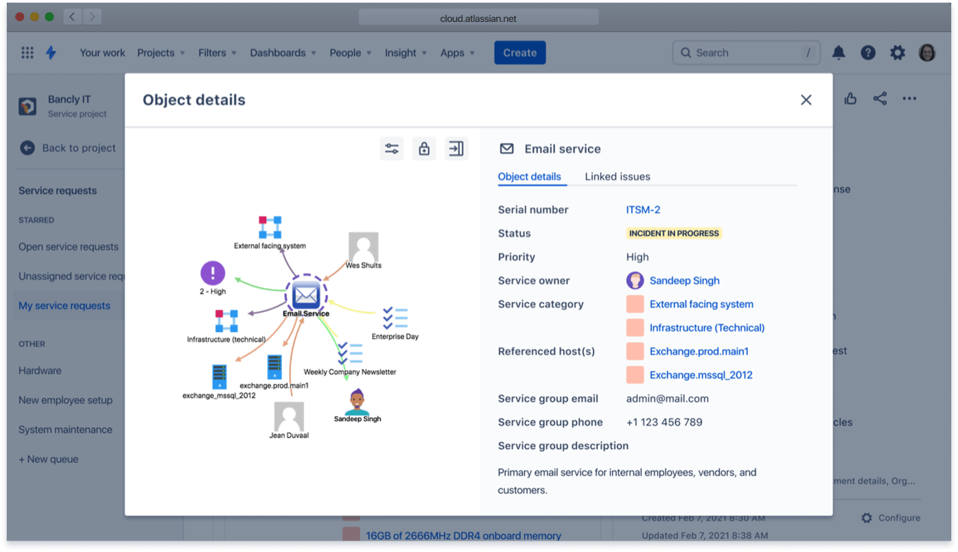 Esempio di dettagli e contesto complessivo di un oggetto in Jira Service Management.