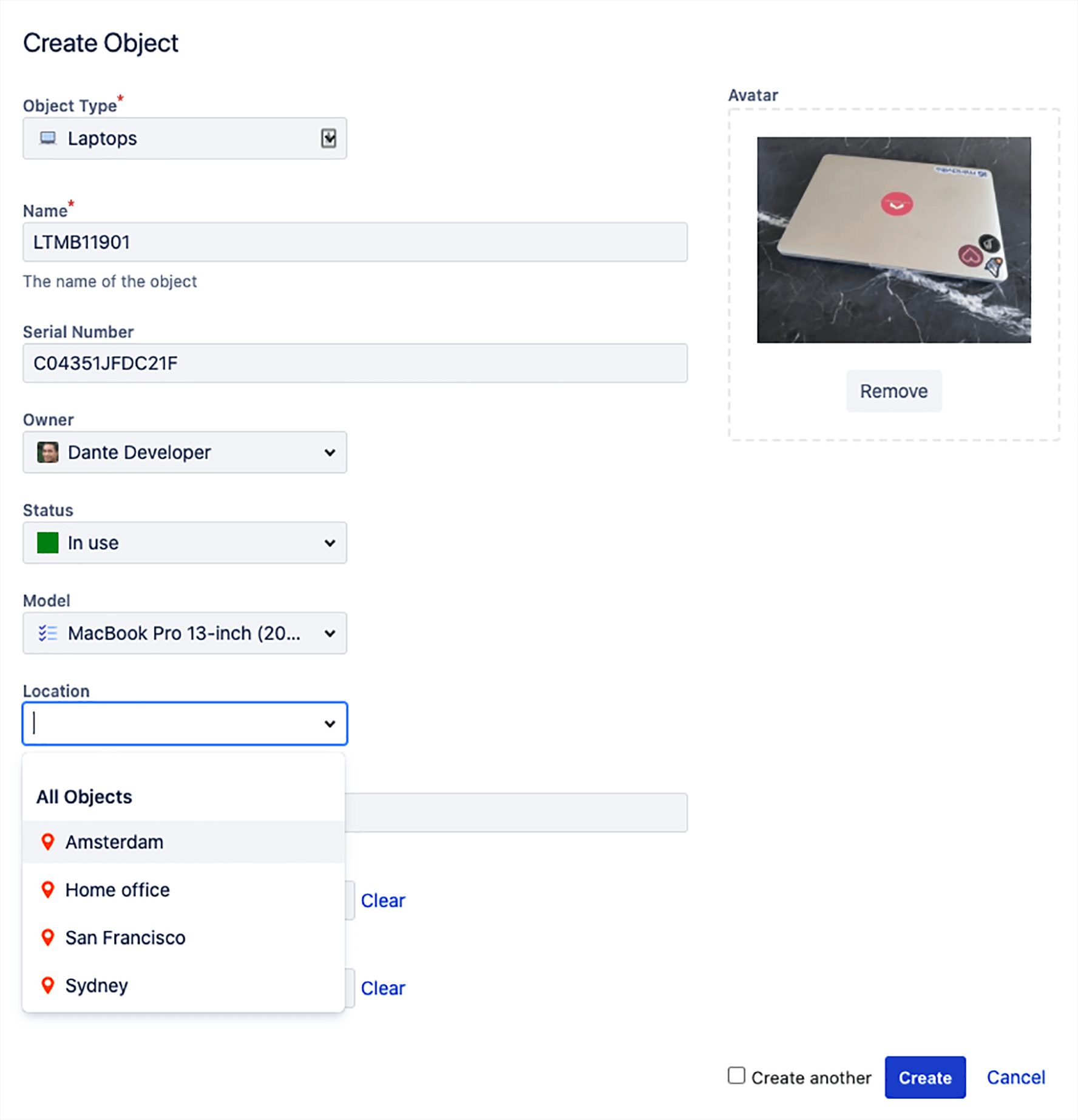 Exemplo de captura de tela de uma referência do objeto no Jira Service Management
