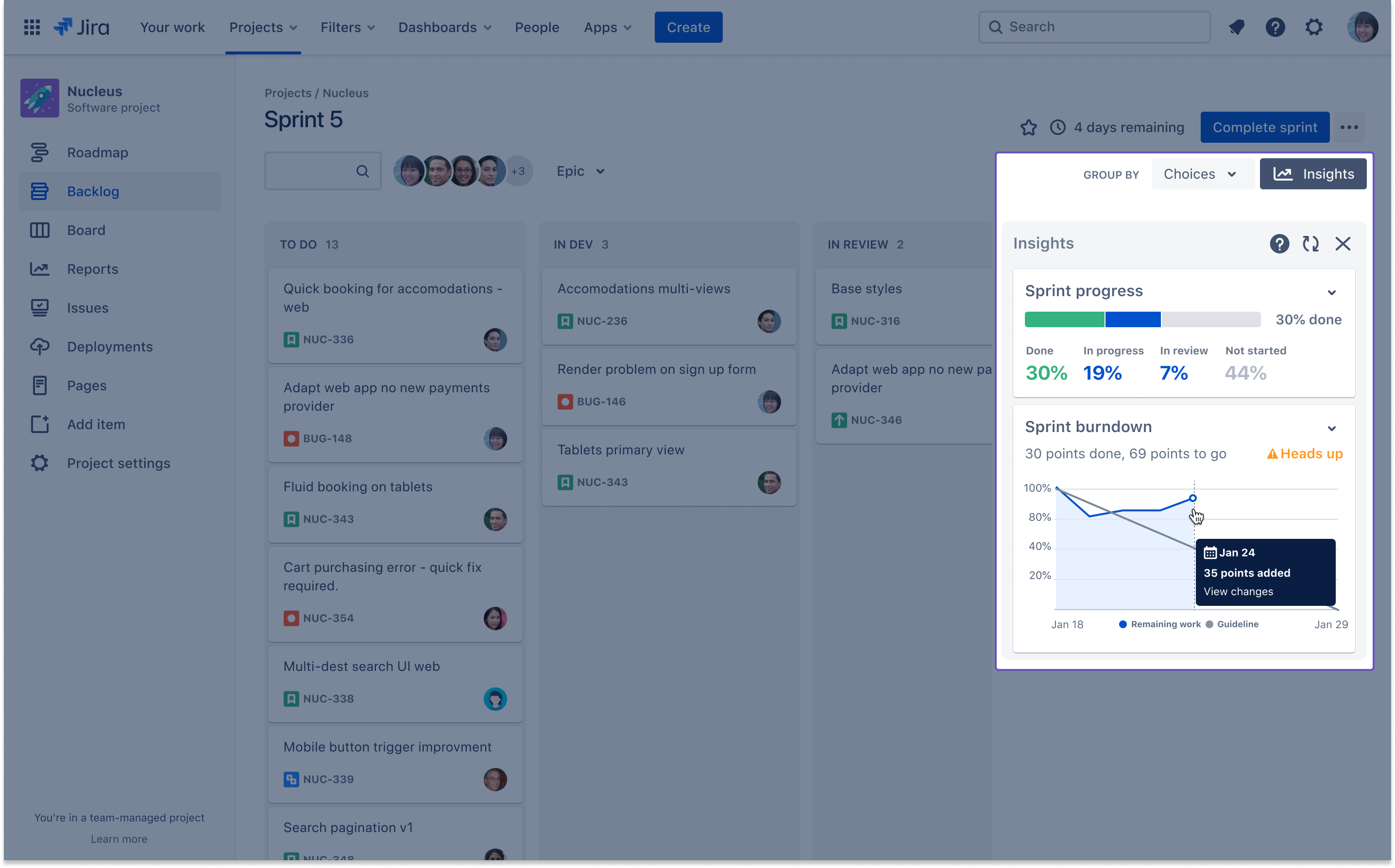 screenshot of sprint burndown insights