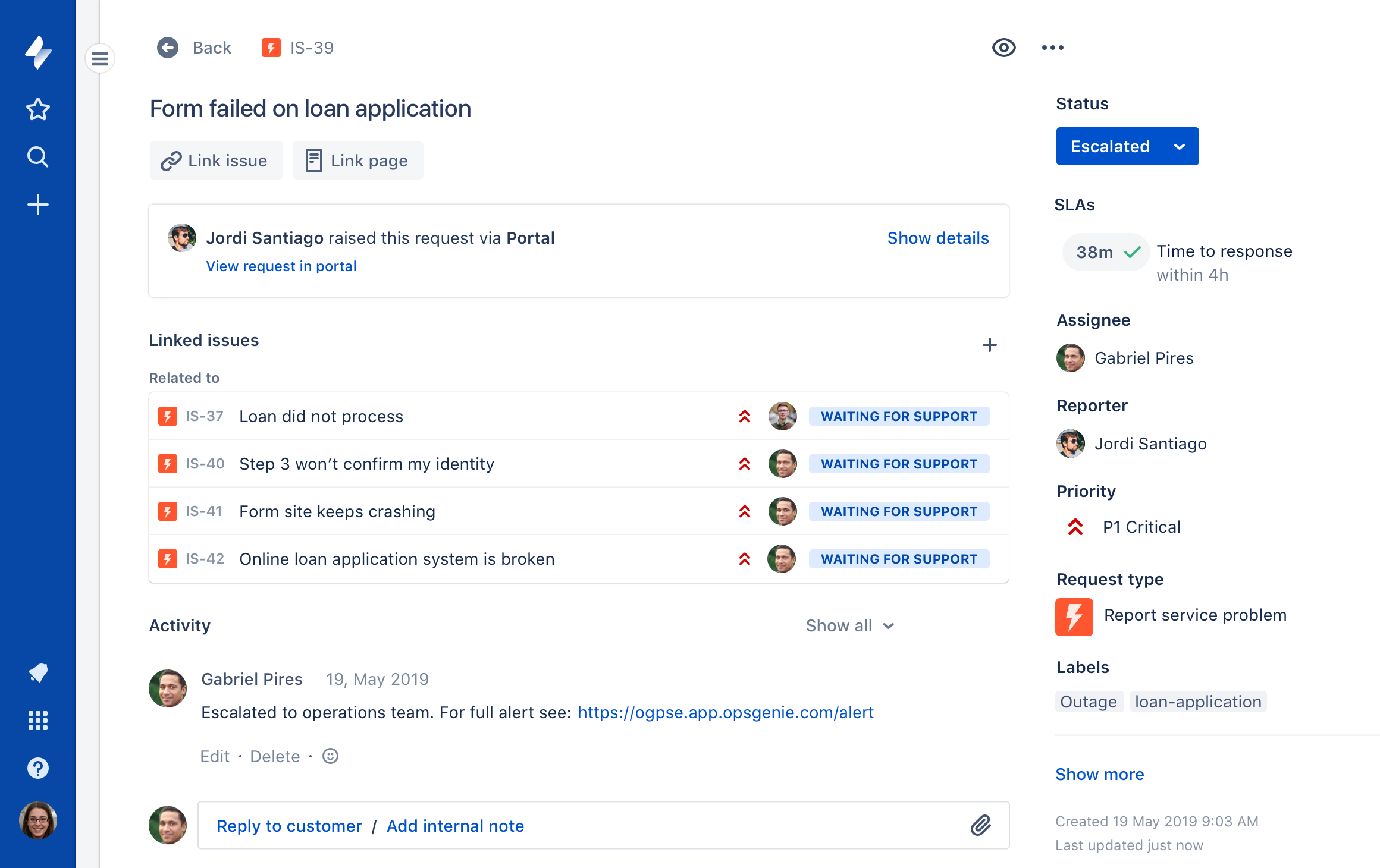 Kuvakaappaus Jira Service Deskin lipusta
