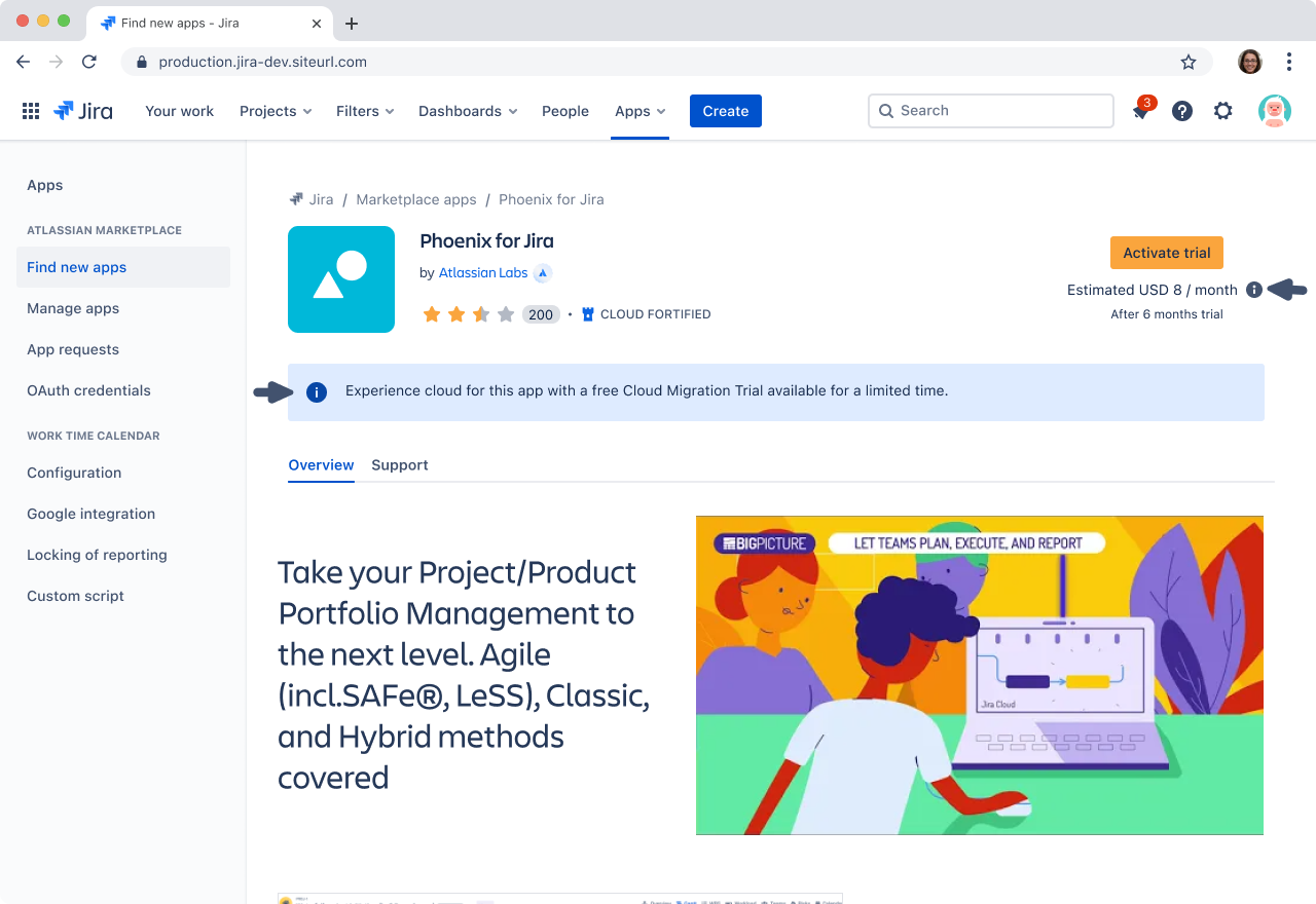 Clique nas informações do app. Se ele estiver qualificado para a migração para o Cloud, uma barra de notificação vai ser exibida na parte superior da página.