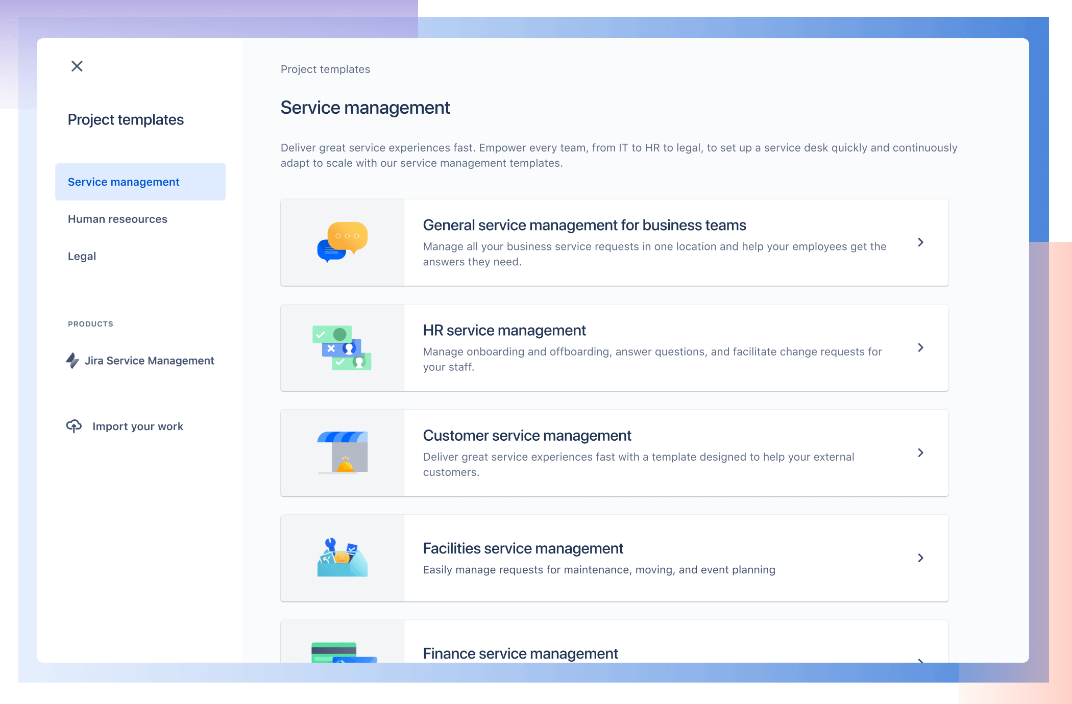 Ekran szablonu zarządzania usługami w systemie Jira