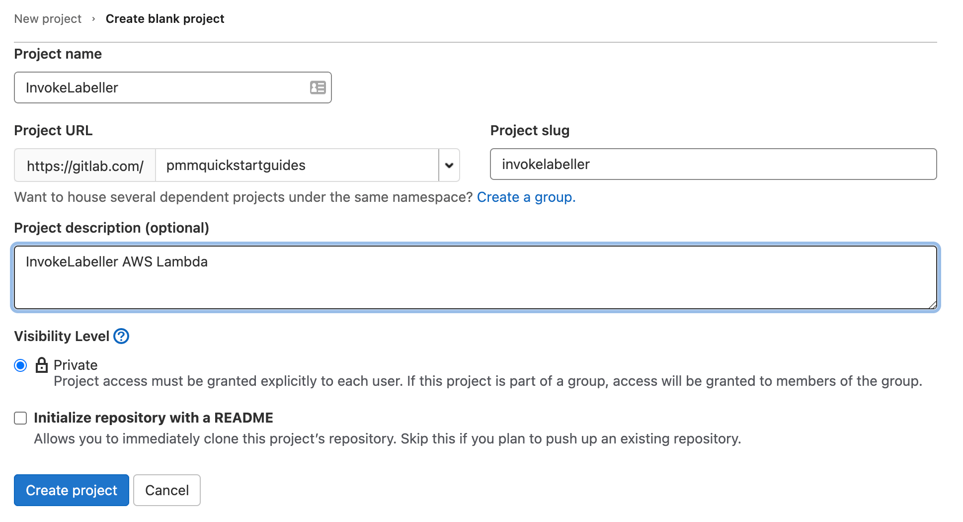 screenshot of creating new project "invokelabeller" in gitlab