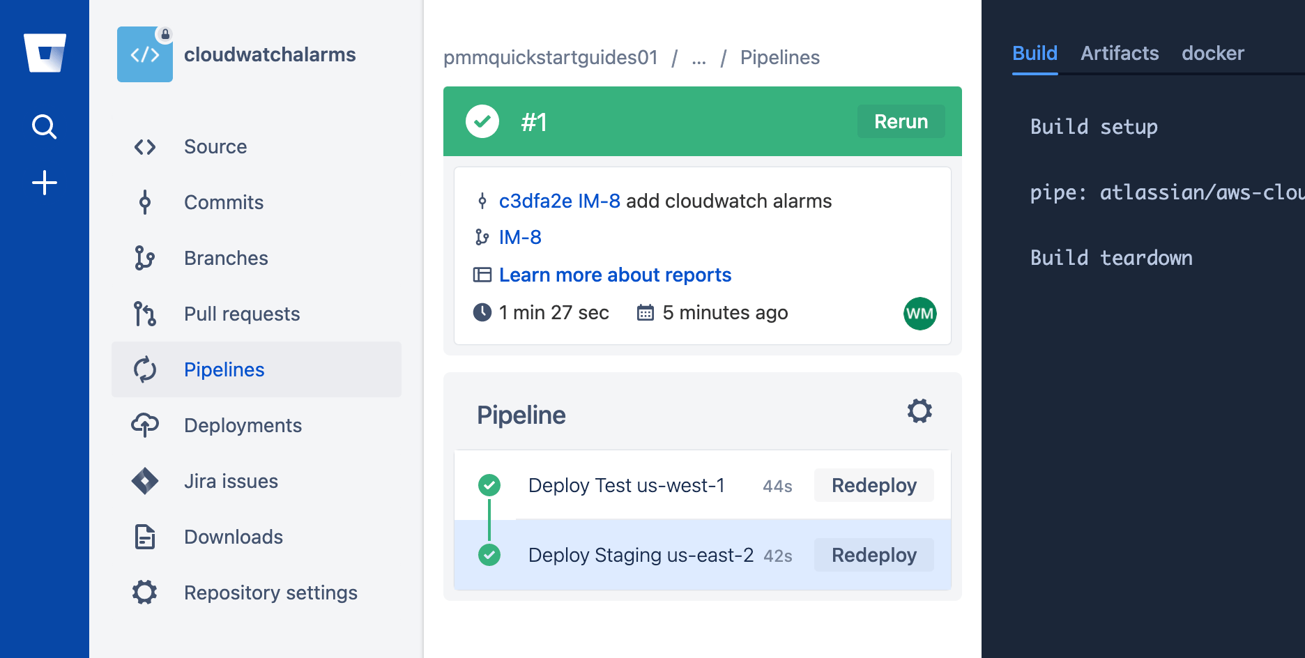 Screenshot delle pipeline in esecuzione su IM-9