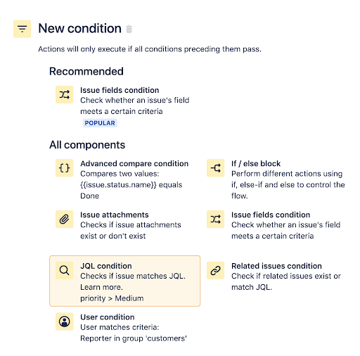 Jira automation rule to transition issues step 2: Find and select the JQL condition.