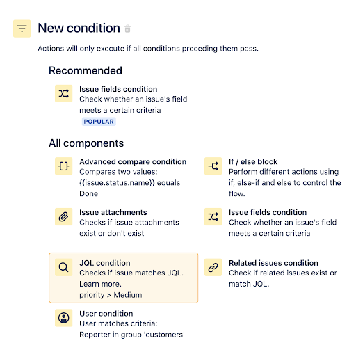 Étape 2 de la règle d'automatisation Jira pour le changement d'état des tickets : recherchez et sélectionnez la condition JQL.