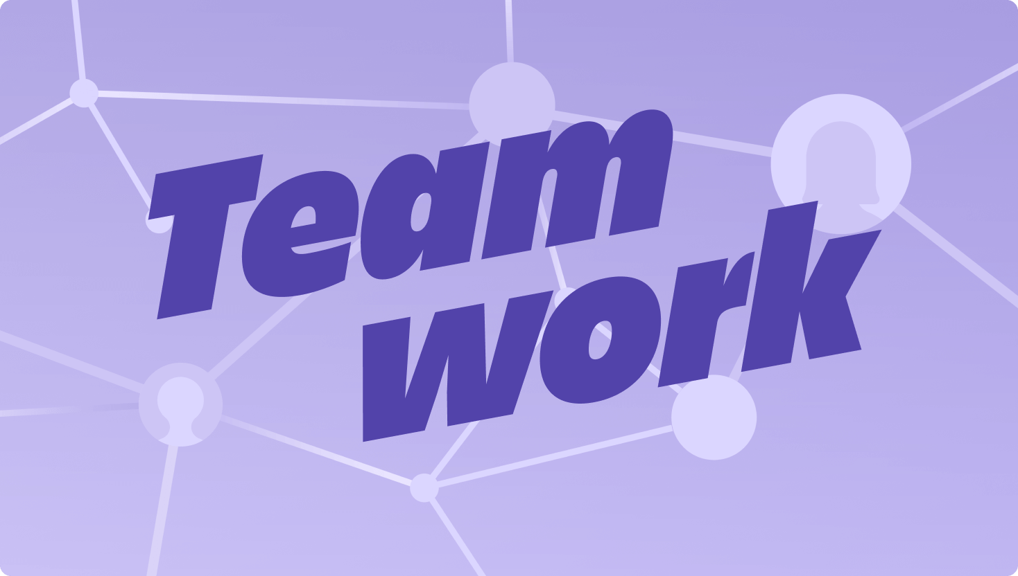A purple image of connecting nodes in a network with the word Teamwork prominently featured