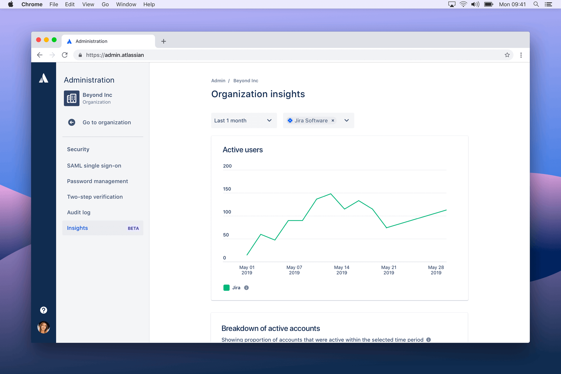 Viewing organization insights "Active users in Jira" in Jira Service Management