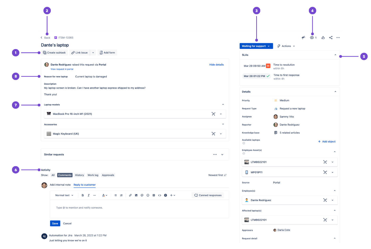 Visualização do item do Jira Service Management