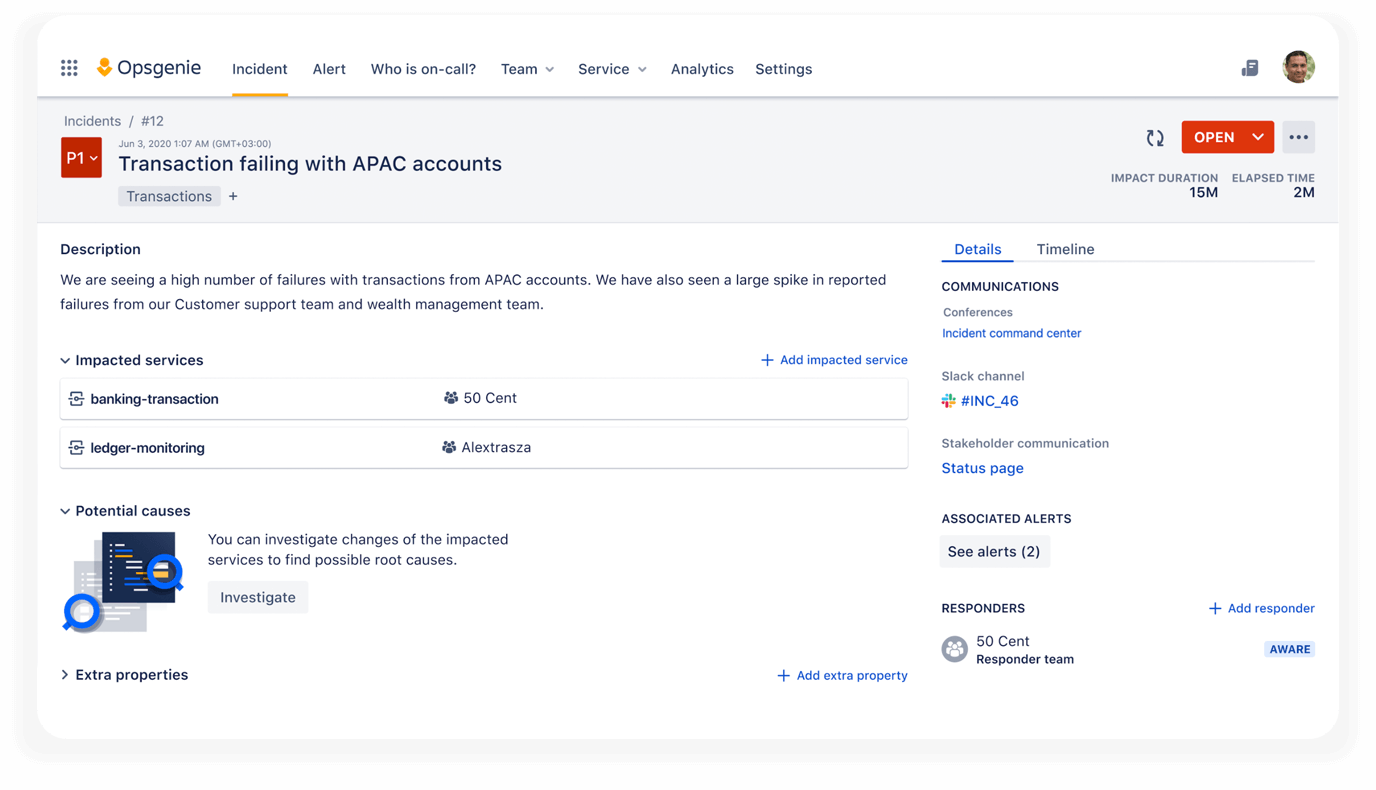 Incident investigation view, powered by Bitbucket