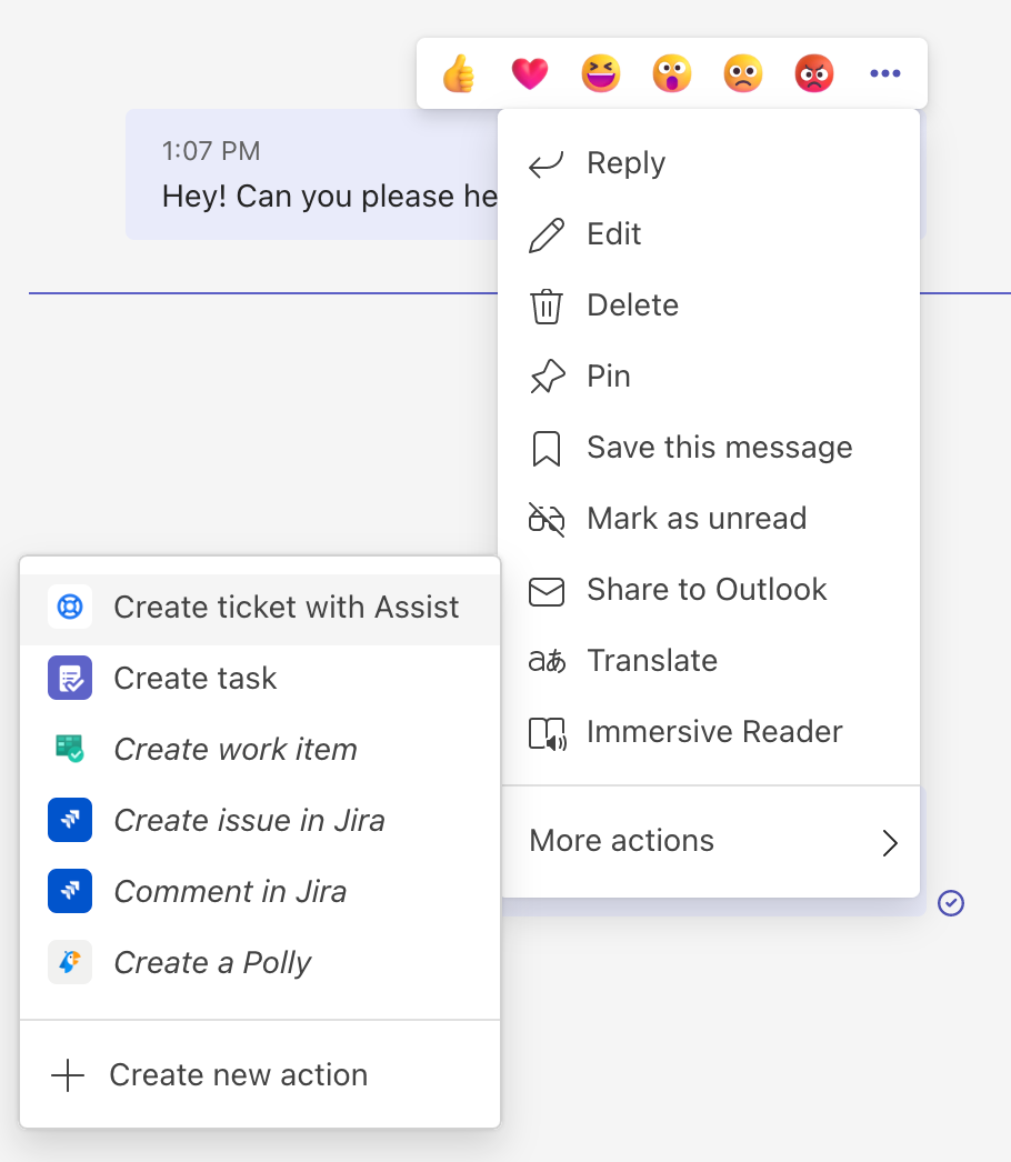 Using ticket creation action in Microsoft Teams to create a ticket from a DM