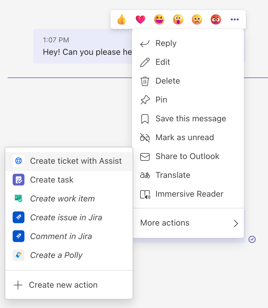 Usar la acción de creación de tickets en Microsoft Teams para crear un ticket a partir de un DM