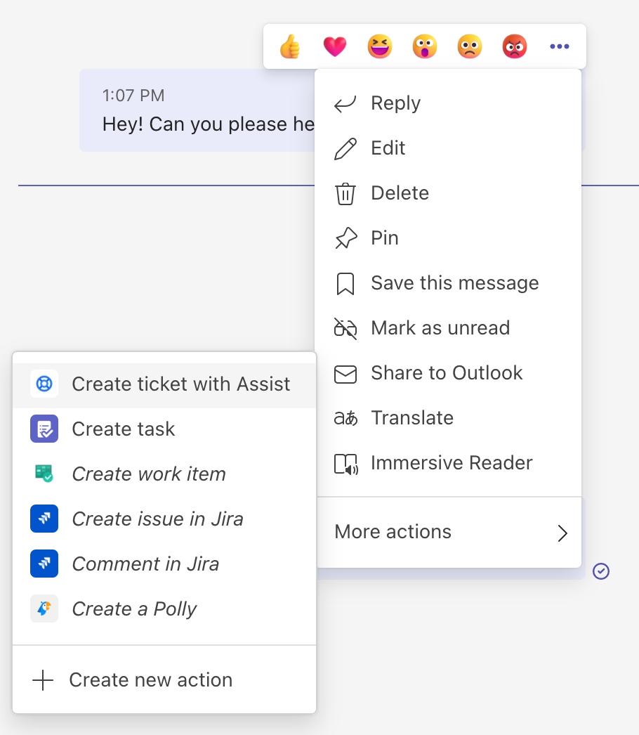 Korzystanie z akcji utworzenia zgłoszenia w Microsoft Teams w celu utworzenia zgłoszenia z poziomu wiadomości osobistej